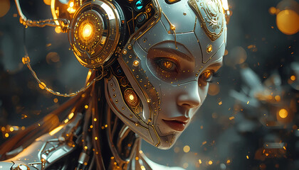 Futuristic robotic woman with glowing circuits and gold accents
