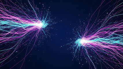 Two bright energy bursts with pink and blue light trails on dark blue background abstract