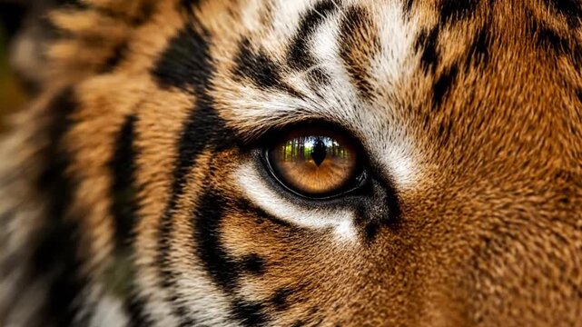 Intense close-up of a tiger's amber eye with forest reflection