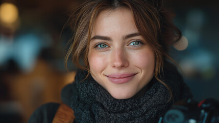 Obraz premium Smiling Woman Indoor Portrait: Winter Fashion and Creativity in Natural Light - Captivating Self-Portrait