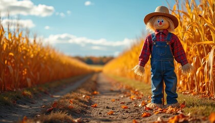 Scarecrow stands in yellow cornfield on sunny autumn day. Rustic figure wears plaid shirt denim overalls straw hat. Fallen leaves cover dirt path leading through farm.
