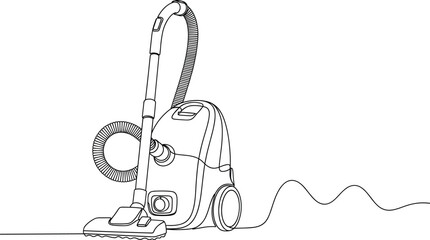 Black and white line drawing of canister vacuum cleaner with hose, nozzle, wheels, power cord in schematic household style.
