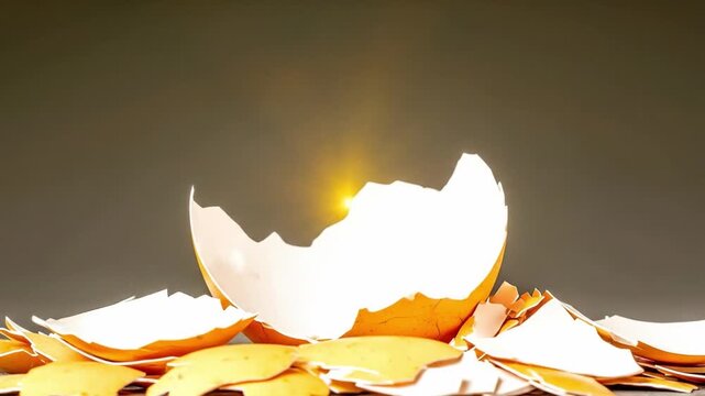 Close up of cracked eggshell on a neutral background with fragments