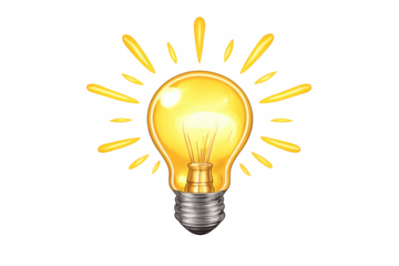 Glowing light bulb illuminating with bright yellow light, symbolizing new ideas, inspiration, creativity, and innovation on transparent background