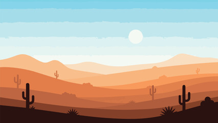 A captivating minimalist flat design desert landscape illustration under a bright sun, featuring warm gradient hills and iconic saguaro cacti.