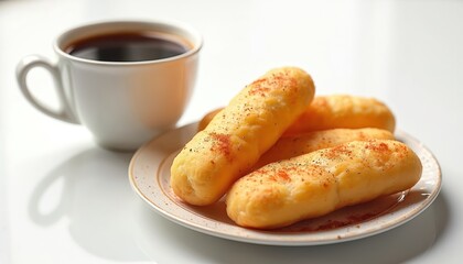 White cup filled with black coffee next to plate with cheese bread sticks. Morning light creates soft shadows on white surface, ideal breakfast setting.