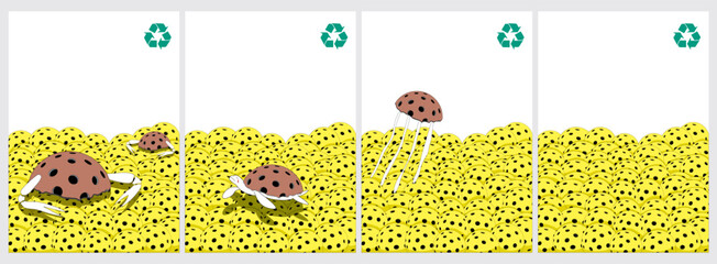 Yellow pickleball sport balls background with a recycle symbol and also with a crab, a turtle and a jellyfish from a broken ball for recycling awareness on plastic pollution.