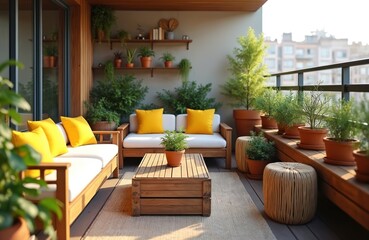Naklejka premium Wooden balcony furniture with white cushions and yellow pillows. Potted green plants and trees furnish the outdoor seating area. A coffee table sits before a sofa, overlooking city buildings.
