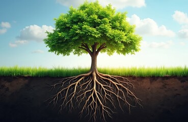 Healthy tree with strong roots signifies growth potential, skill development. Its visible root system symbolizes foundation, vision, progress. This image represents strong base for future success.
