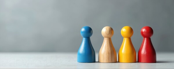 Four colorful wooden pawn game pieces stand in a line on a flat surface. Blue yellow natural wood and red pieces are arranged side by side in studio lighting with a gray background.