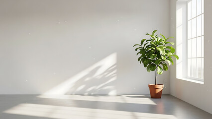 Empty Room Interior with Green Plant, Minimal Modern Living Space