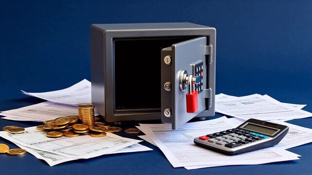 Safe with coins and calculator on documents