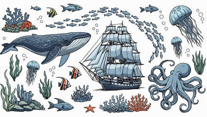 Vintage illustration of marine life and a sailing ship. © Salsa
