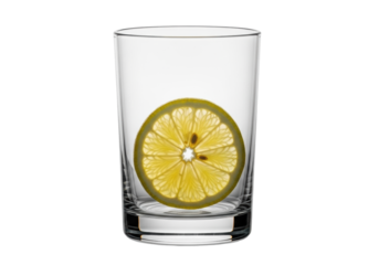 Empty, crystal-clear borosilicate tumbler glass showcasing volumetric light effects and reflections, with a translucent lemon slice at its base, on a seamless transparent background, pristine product