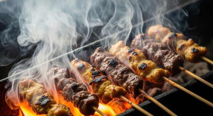 Sizzling Skewers Grilling Over Open Flames with Rising Smoke, Close-Up of Delicious Meat and Chicken Satay on a Hot Barbecue