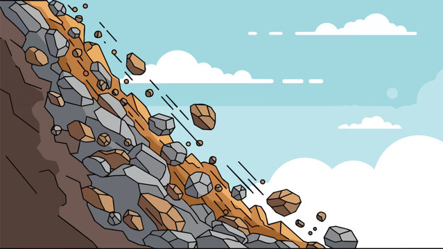 Dynamic illustration of a severe rockfall event depicting geological instability and natural erosion on a steep incline