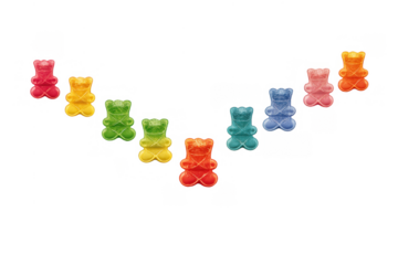 Colorful gummy bears forming a sweet arc, creating a vibrant display of jelly candy treats on transparent background