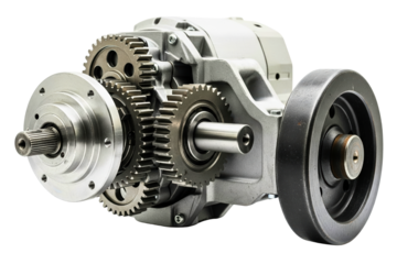 Metal mechanical transmission gearbox with steel gears isolated with transparent background