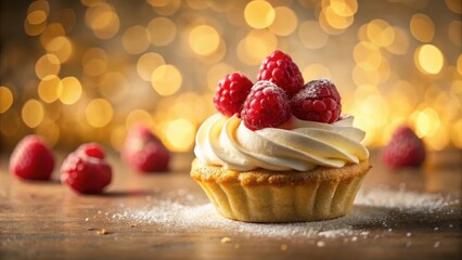 Delightful Dessert Creamy Whipped Topping, Sweet Raspberries, and a Golden Crust on a Rustic Wooden Surface with a Festive Bokeh Background