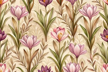 Elegant Spring Crocus Floral Pattern Design Featuring Delicate Hues and Intricate Foliage