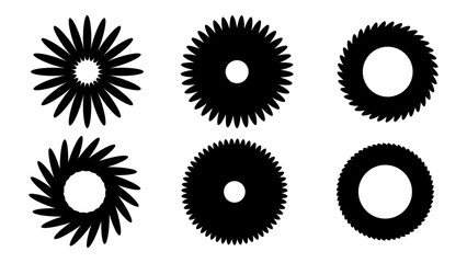 Abstract Geometric Shapes and Industrial Gear Vector Set: Minimalist Sunflower Motifs, Mechanical Cogwheels, and Radial Circular Silhouettes for Logo Branding and Technical Illustrations