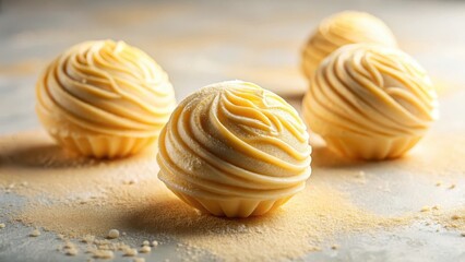 Luxurious Pale Yellow Confections Decorated with Swirling Patterns Resting on a Powdered Surface