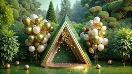 Serene Green Garden Setting with Elegant Gold and White Balloons and Geometric Display
