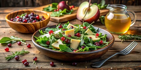 Aromatic Apple and Cranberry Salad with Cheese and Greens in a Rustic Wooden Bowl