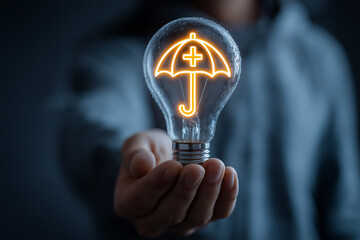 A glowing bulb with an umbrella and cross, symbolizing the spark of healthcare innovation and the warmth of comprehensive protection.