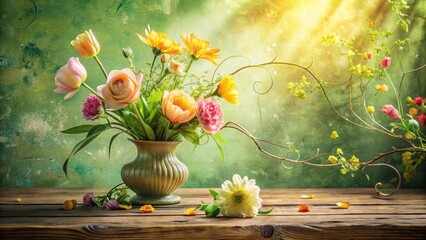 A vibrant spring bouquet in a rustic vase, adorned with delicate wildflowers and twisting branches, rests on a weathered wooden table against a textured green background, bathed in soft sunlight.