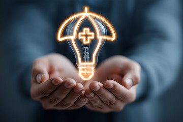 A glowing bulb with an umbrella and cross, symbolizing the spark of healthcare innovation and the warmth of comprehensive protection.