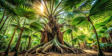 Sunlight Illuminates a Majestic Palm Tree with Extensive Roots in a Lush Tropical Forest