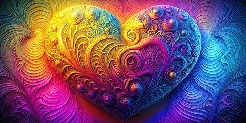 A vibrant heart shaped artwork featuring intricate swirling patterns and a multicolored, layered background.