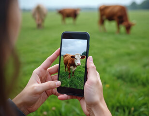 Person holds phone displaying cow in green field. Augmented reality app shows herd grazing on farm. Modern tech aids agriculture observation.