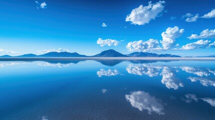 Tranquil lake mirroring a mountain range under a vast blue sky