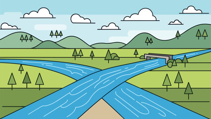 Simplistic cartoon illustration of a natural landscape with two rivers crossing, green hills, stylized trees, blue sky, white clouds. It portrays a