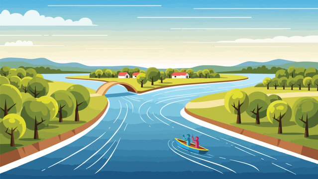 Idyllic river landscape featuring an charming island village, a quaint arch bridge, and a small boat with adventurers enjoying the serene,