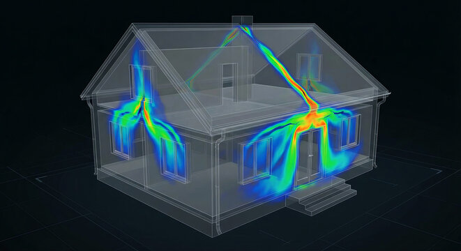 3D wireframe house model with thermal airflow visualization on dark background. Technical illustration of heat circulation, energy leaks and building physics.