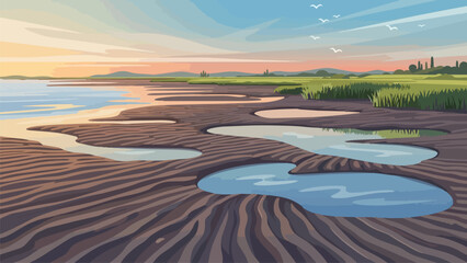 Vibrant coastal estuary scene at sunset with calm reflective pools on patterned sand, lush green marsh grass, distant city skyline under a wide