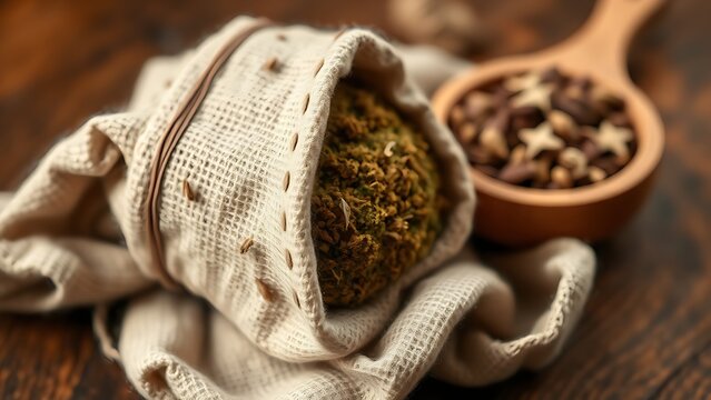 poultice. Herbal poultice wrapped in linen cloth beside a wooden bowl of dried herbs, natural remedy concept. menu design.
