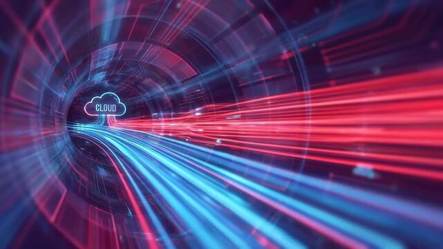Cloud computing and edge technology visualize fast data transfer through digital tunnel with glowing data streams enhancing enterprise digital