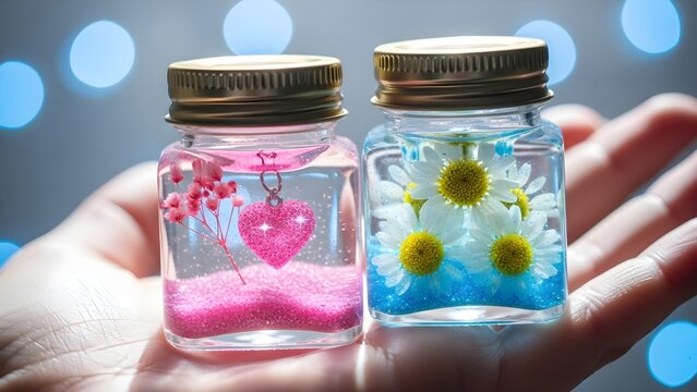 Miniature decorative liquid jars one filled with pink glitter heart and flowers the other with white daisies held gently in a palm - Powered by Adobe