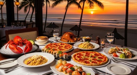 Luxurious Dinner Feast with Lobster, Pizza, Pasta, and Sushi at a Tropical Beachfront Restaurant during a Golden Sunset
