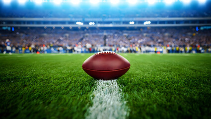 American football resting on the grass field of a crowded stadium during a night game