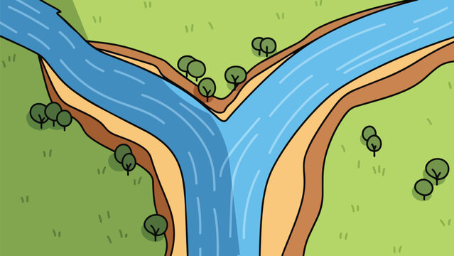An illustrative depiction of a river bifurcation, showcasing serene waterways dividing through a vibrant green landscape dotted with simple stylized