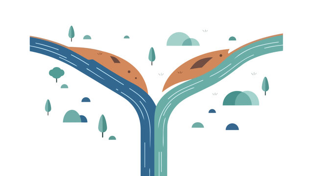 Modern minimalist illustration of two distinct rivers, blue and teal, merging from elevated terrain with stylized trees, symbolizing natural