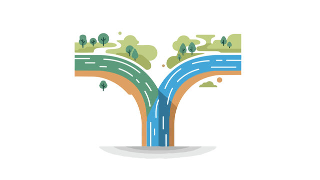 Stylized illustration of a natural landscape with two diverging paths flowing downward