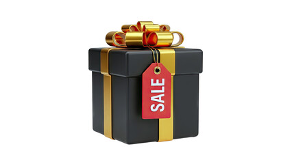 Black Gift Box with Gold Ribbon and Red 'Sale' Tag