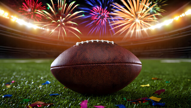 Celebration on the field after a big football victory with fireworks in the background