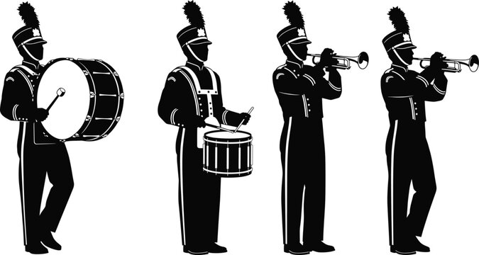 Marching band silhouette vector illustration with musicians playing drums trumpets uniform parade performance music festival art design concept